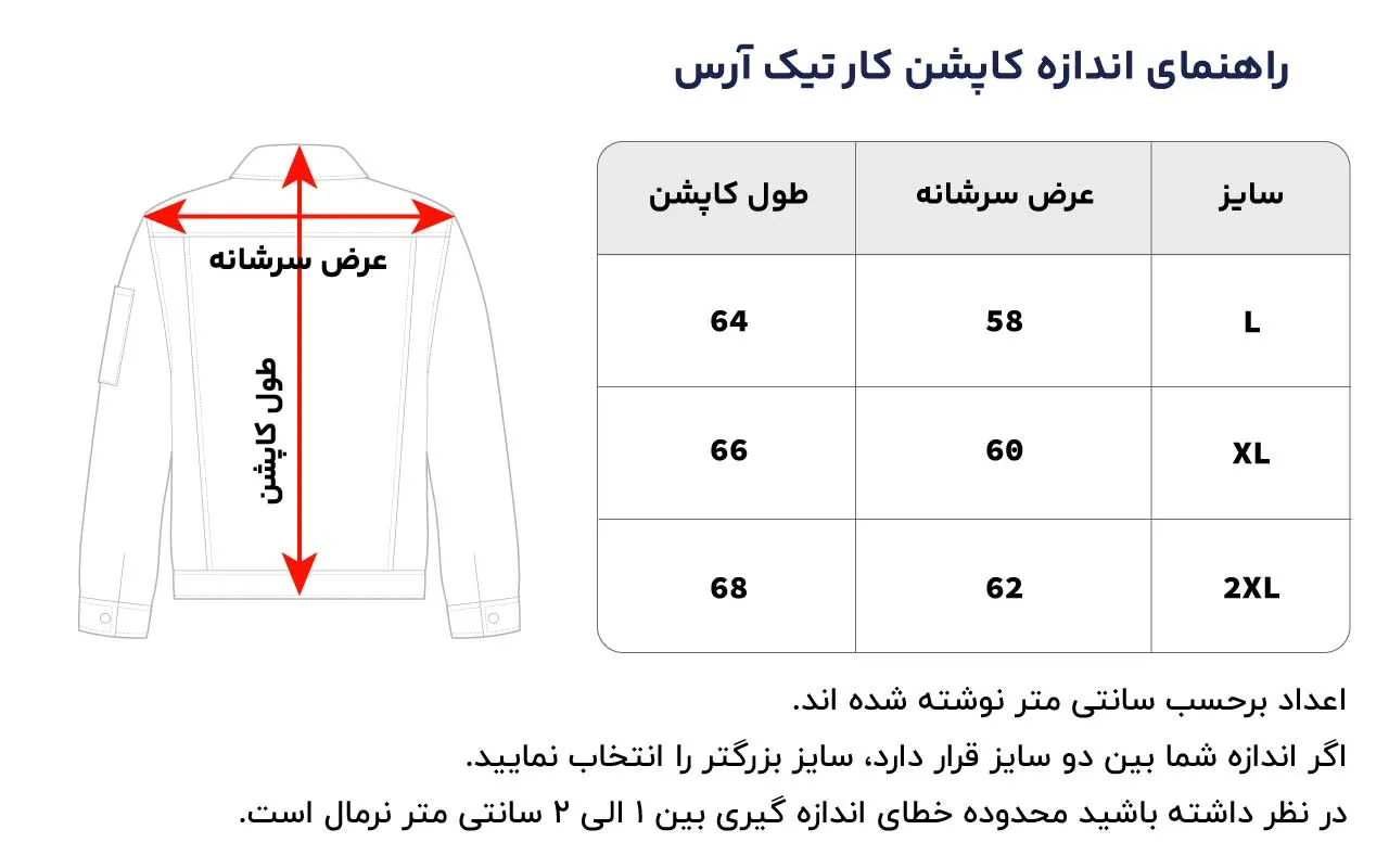 راهنمای اندازه گیری کاپشن کار تیک آرس